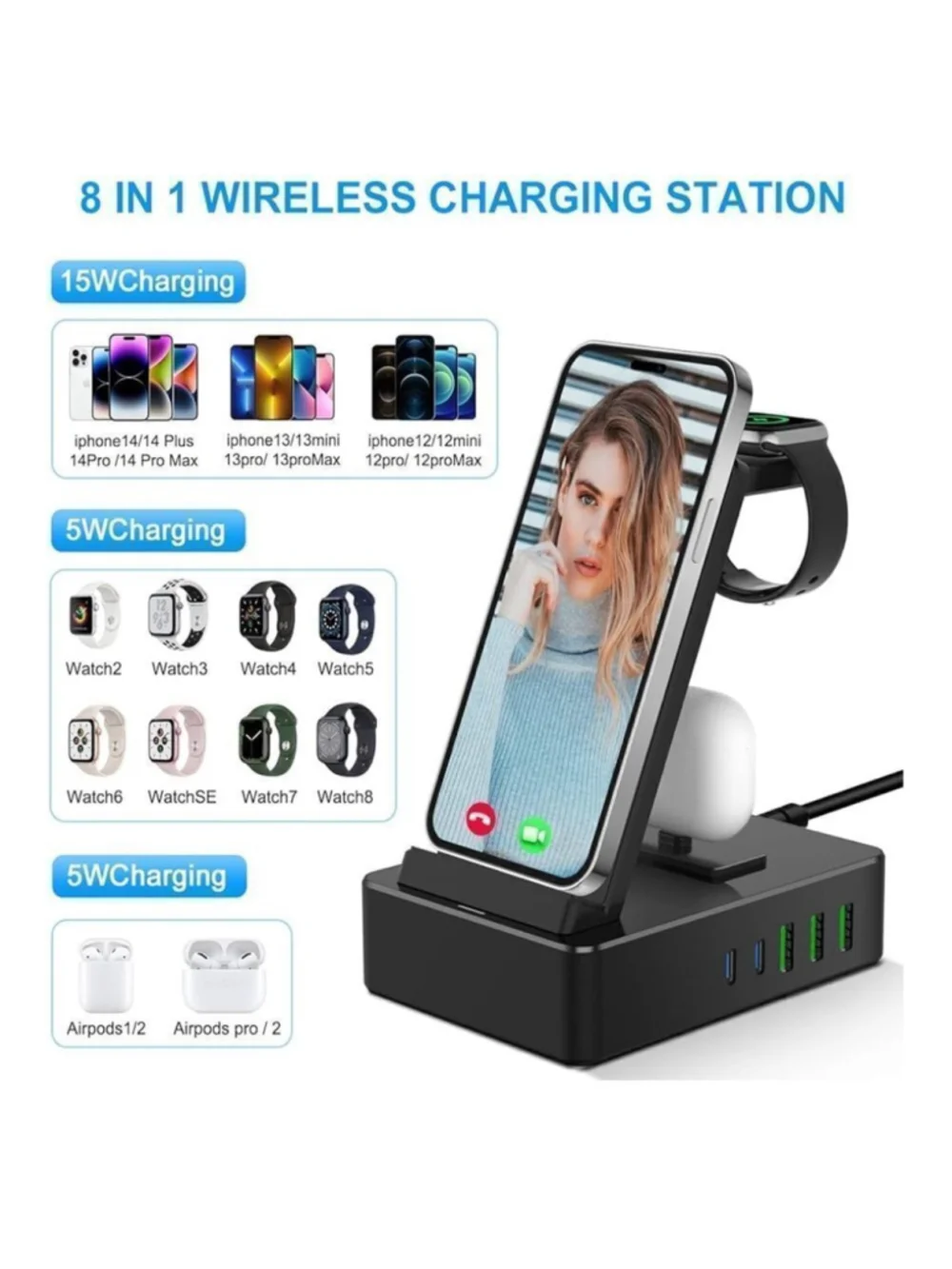 8 in 1 Multifunctional Wireless Charger in Black. New in Box!